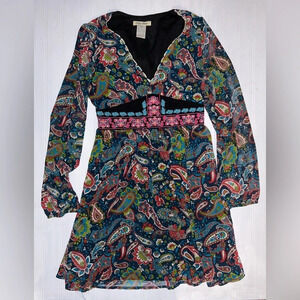 2/$30 Colorful Embroidered paisley print long sleeve Dress Boho L D13